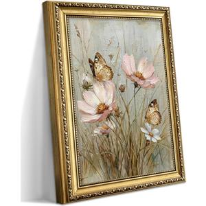 Gold Framed Vintage Cottagecore Floral and Butterfly Wall Art 16x24 Inch