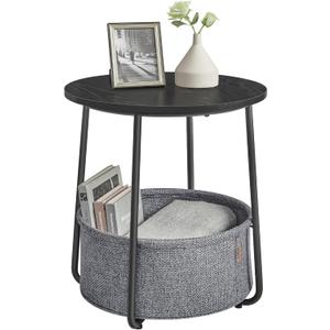 VASAGLE Small Round Side End Table, Modern Nightstand with Fabric Basket, Ebony Black and Slate Gray ULET223B01
