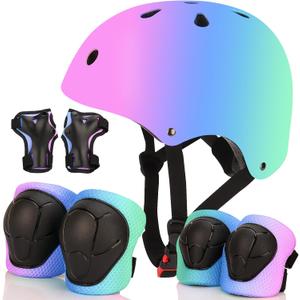 Color Gradient Adjustable Bike Helmet with Knee and Elbow Pads - Kids Toddler Boys and Girls Skateboard Helmet for Ages 3-14 | Ideal for Riding, Scooters, Inline Skating, Longboarding, Roller Skating (Purple blue green)