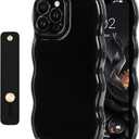 NITITOP Compatible with iPhone 15 Pro Max Case Cute Simple Wave Design Stylish Wavy Curly Frame with Wrist Adjustable Hand Strap Kickstand Grip Holder Soft Silicone Protective Cover - Black