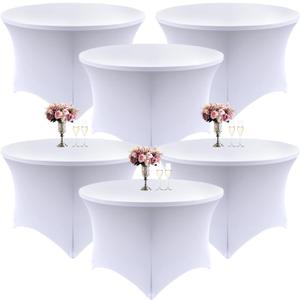 6 Pack White Round Tablecloth with Foot Pockets, 72 Inch Diameter x 30 Inch High Stretch Spandex Table Cover for 6ft Round Tables, for Wedding, Banquet, Vendor Booth