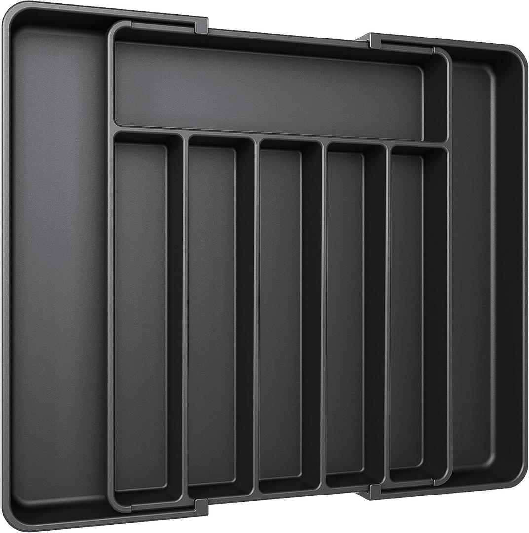 Aujen Silverware Organizer - Expandable Kitchen Drawer Organizer, Adjustable Utensil Organizer, Cutlery Tray for Forks, Knives, Multipurpose Kitchen Organizers and Storage Solution, Black, Large