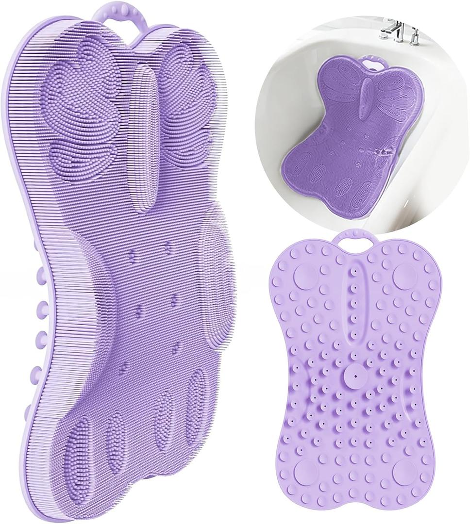 Back Scrubber Body Bath Cushion for Tub Bathtub with Back Lumbar Ergonomic Support, Silicone Extra Large Thick Soft Seat Pad Non-Slip Suction Cups, Relaxing Spa Exfloating Scrubber Mat Purple