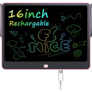 Rechargeable LCD Writing Tablet for Kids, 16 Inch Colorful Drawing Tablet, Educational Toddler Drawing Pad, Reusable Learning Toys for Kids (Ages 3-12), Ideal Gift for Christmas Birthday (Pink)