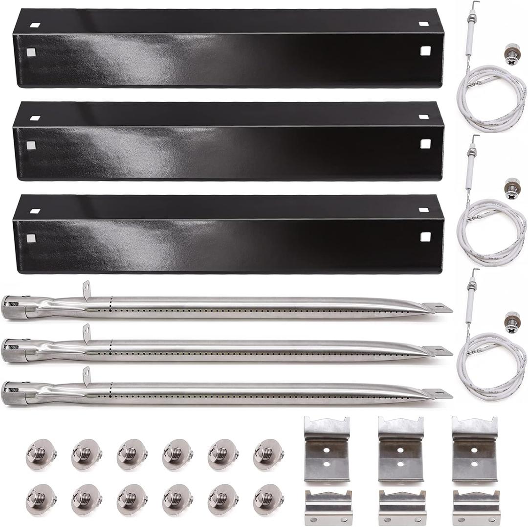 Grill Parts Kit Compatible with Chargriller 5050 3001 5650 3072 5072 3030 3008 5252 3000 Grill Replacement Parts, Flame Shields, Burner Pipes, Igniters, Burner Tube/Flare Up Shield Support Kit (Porcelain Steel Heat Plates Kit with Igniters)