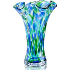 Hand Blown Glass Vase for Flowers, 9" Unique Murano Style Art Glass Vase, Wide Mouth Teal Turquoise Swirl Decorative Colorful Vases for Home Decor, Living Room Table Centerpiece,Shelf, Wedding Gift