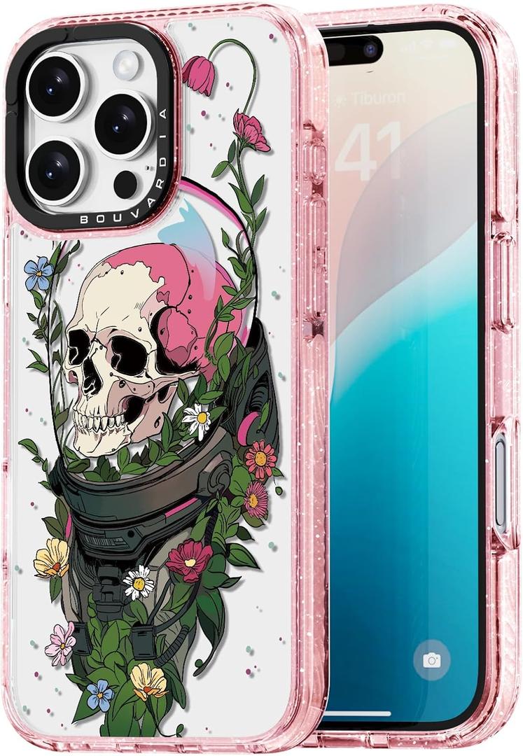Bouvardia for iPhone 16 Pro Max Case, Cute Girly Design for Women, Shockproof & Aesthetic, Halloween Theme - Skull & Flowers