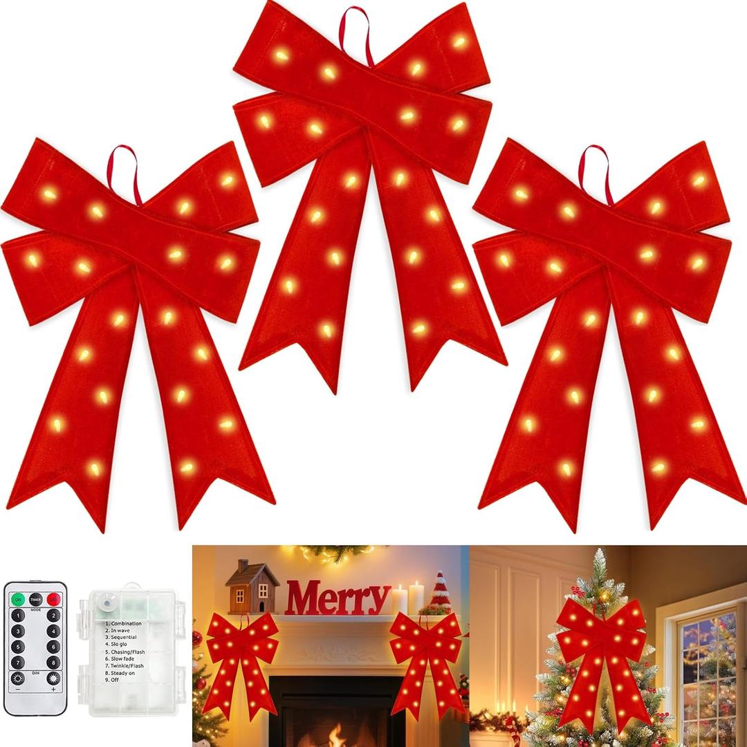 3 Pack 24'' x 14'' Prelit Red Christmas Bows with 20 LED Lights & Remote Timer, 8 Modes Battery Operated Large Velvet Outdoor Christmas Bows for Wreaths, Garlands, Tree Topper, Fireplace Decor