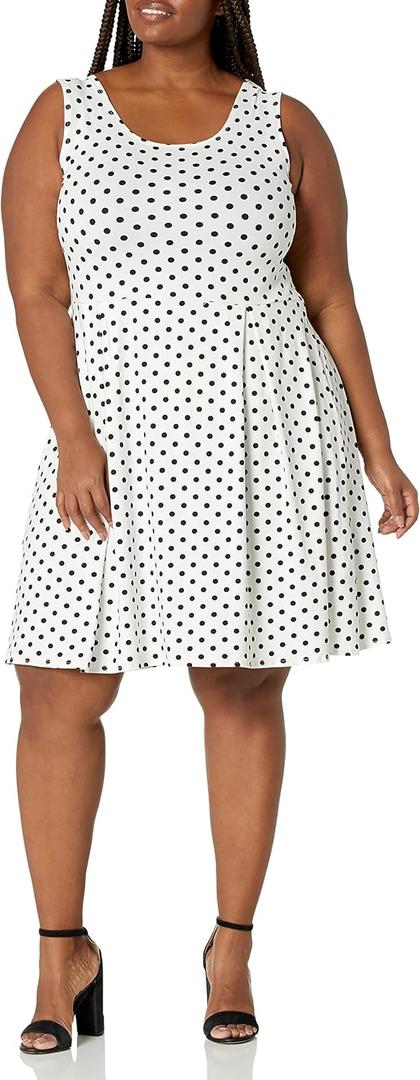 Star Vixen Women's Classic Str Ponte Knit Sleeveless Box-Pleat Fitnflare Dress (White Black Dot)