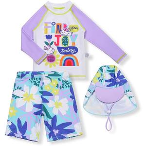 Girls Rash Guard Swimsuit Sets Rabbit Floral Print 3 Pieces Long Sleeve Summer Beach Swimwear 150