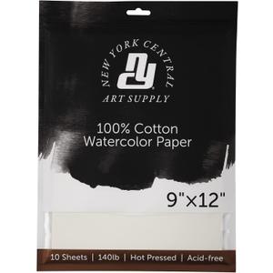 New York Central Watercolor Paper - 9x12-5 Packs of 10-50 Total Sheets, 140 lb. Hot Press - 100% Cotton, Acid-Free, Archival Quality, Bright White Watercolor Paper Pad for Wet & Dry Media