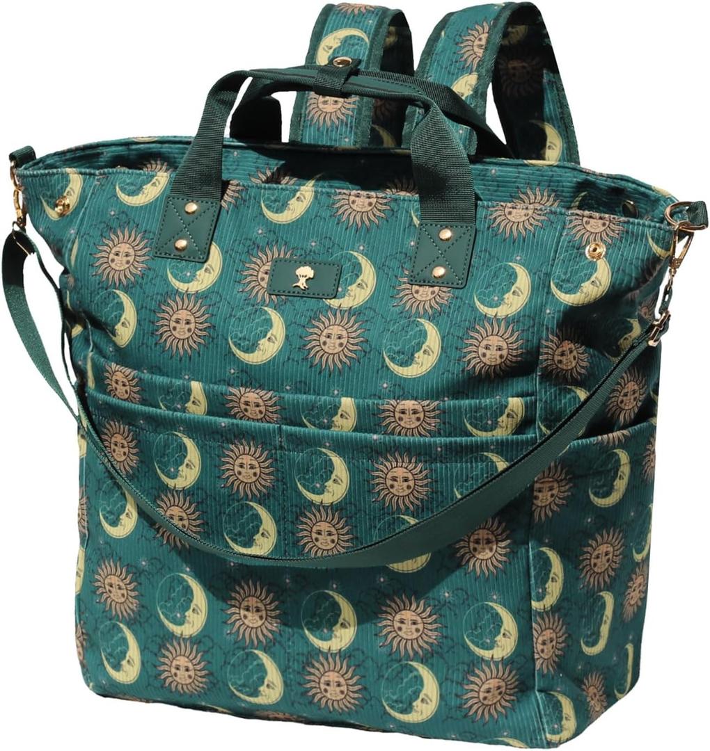 ESVAN Diaper Tote Bag Totepack Backpack Crossbody Bag 3 in 1 for Women Laptop Backpack Multifunctional with Insulated Pockets (Corduroy Dark Green Moon)