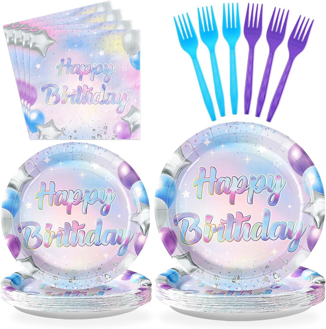 Grencian 96 Pcs Blue Purple Birthday Party Decorations Iridescent Birthday Paper Plates Disposable Blue Purple Paper Platter Tableware Set Glitter for Kids Teens Girls Happy Bir-thday Party Supplies