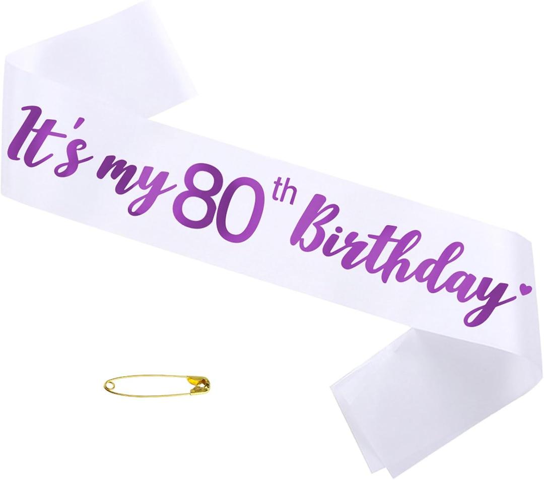 Its My 80th Birthday Sash Foil Birthday Sash for Women 80 Fabulous Funny Party Decorations Supplies White Purple
