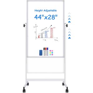 maxtek Rolling White Board, 44 x 28 Height Adjustable Whiteboard on Wheels, Large Magnetic Standing Mobile Easel Board, Double-Sided with Stand for Office, Home, and Classroom