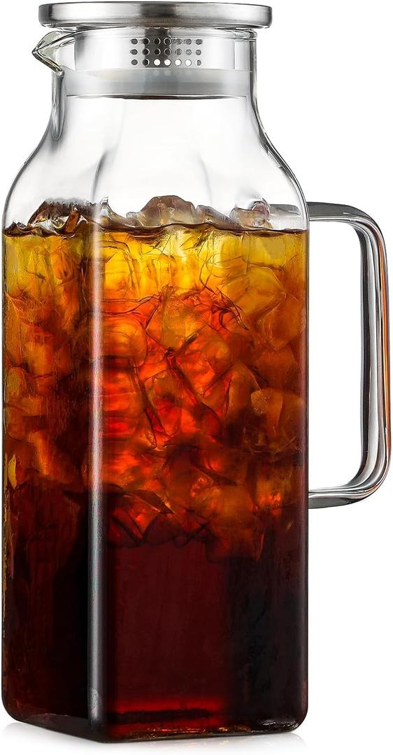 2 Quart (2 Liter 68 oz) Square Glass Pitcher with Lid and Spout, Water Pitchers with Handle for Fridge, Borosilicate Glass Carafe for Hot/Cold Drink, Large Jug for Iced Tea, Coffee, Juice, Milk, Beverage (67.6 Ounces, Clear)