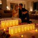 Happy Birthday Decoration for Men Women, Valentines Day Light Up Letters Luminary Bags with 30 Bright LED Candles, 2000 Rose Petals, 10 Balloons, Surprise Birthday Party Banner Signs