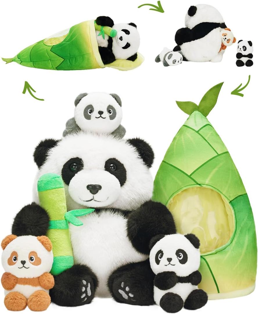 OUOZZZ Panda Stuffed Animals with 3 Babies Inside Panda Bear Plush Toys with 19" Bamboo Shoot Bag - Birthday&Valentines Stuffed Animals Gift for Girls Boys Toddler