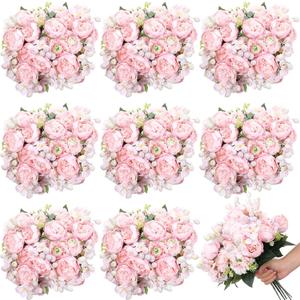 Crowye 16 Bundles Artificial Peony Silk Flower Hydrangea Fake Peony Bouquet Elegant Faux Flowers with Stems for Wedding Table Centerpiece Party Home DIY Decoration(Light Pink)