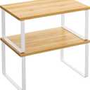 SONGMICS Cabinet Organizer Shelf, Set of 2 Kitchen Counter Shelves, Kitchen Storage, Spice Rack, Stackable, Expandable, Metal and Engineered Wood, Cloud White and Natural Beige UKCS02NW