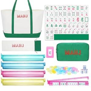 Ceenna American Mahjong Tile Set, 166 Tiles, 4 All-in-one Rack/ Pushers, Complete Western Mahjong Set with Carrying Bag (Green, Cute)