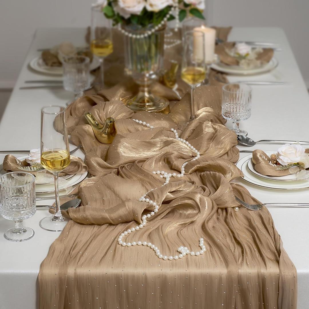 Leetaltree Dazzle Table Runner with Hot-fix Rhinestones-Luxury Scarf Table Runner 120 Inch 10FT -Elegant Gift Set with Card for Wedding,Christmas, Holiday & Home Decor (Champagne, Set of 3)