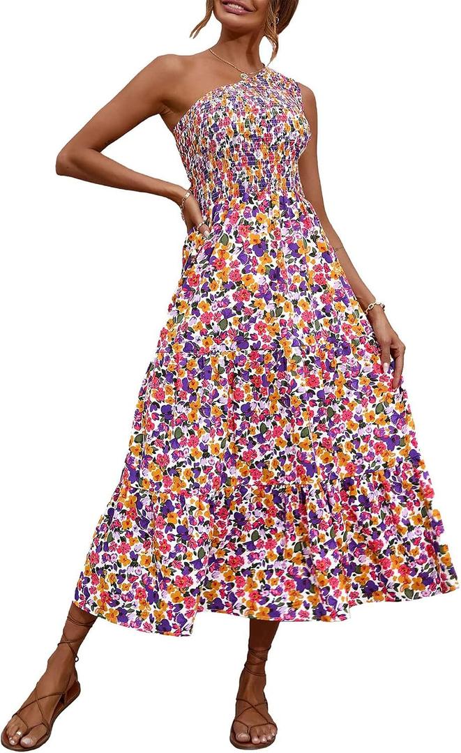 BTFBM Summer Dresses 2026 Spring One Shoulder Floral Flowy Sundresses for Women Sleeveless Smocked Boho Beach Maxi Dress (Purple, XL)