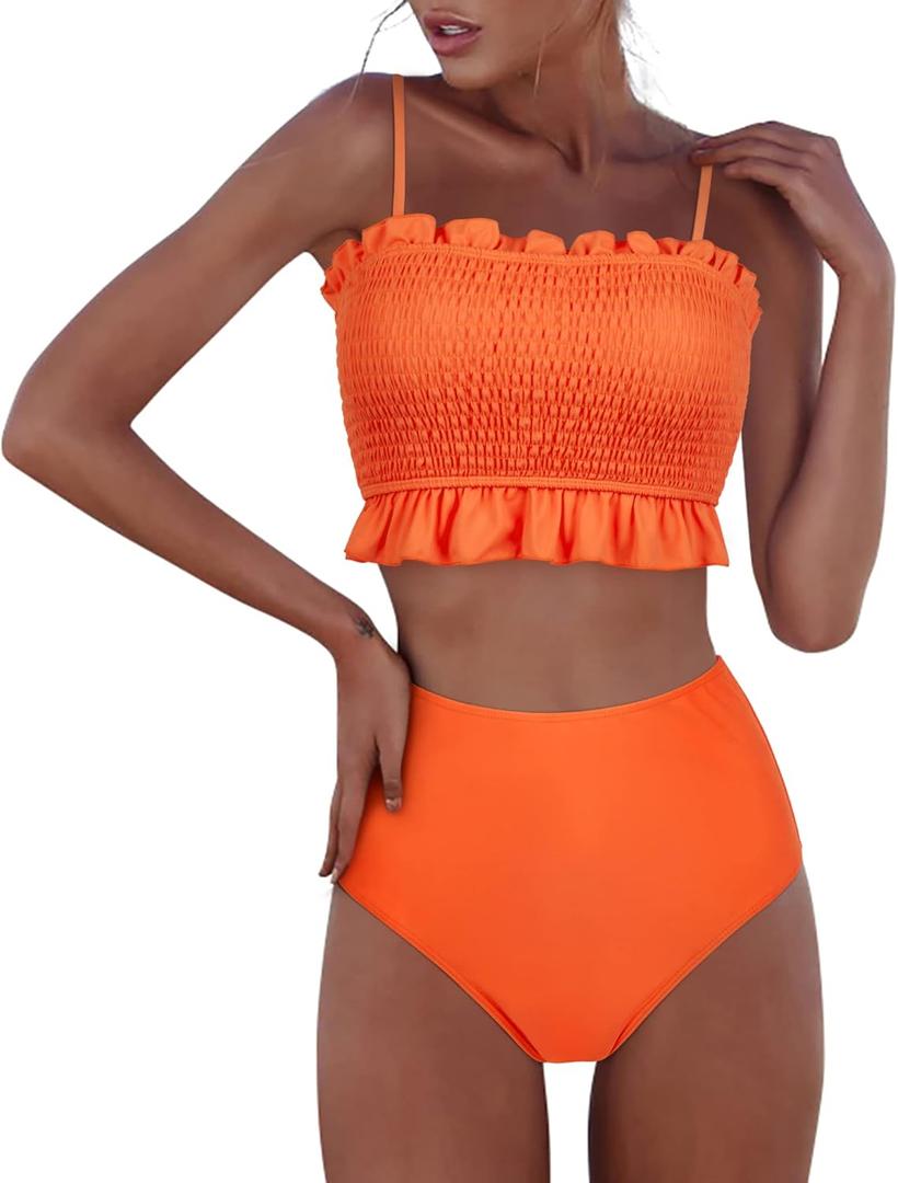 RXRXCOCO Womens Shirred Bandeau Bikini Cute Two Piece Swimsuit Off Shoulder High Waist Bathing Suit, XL