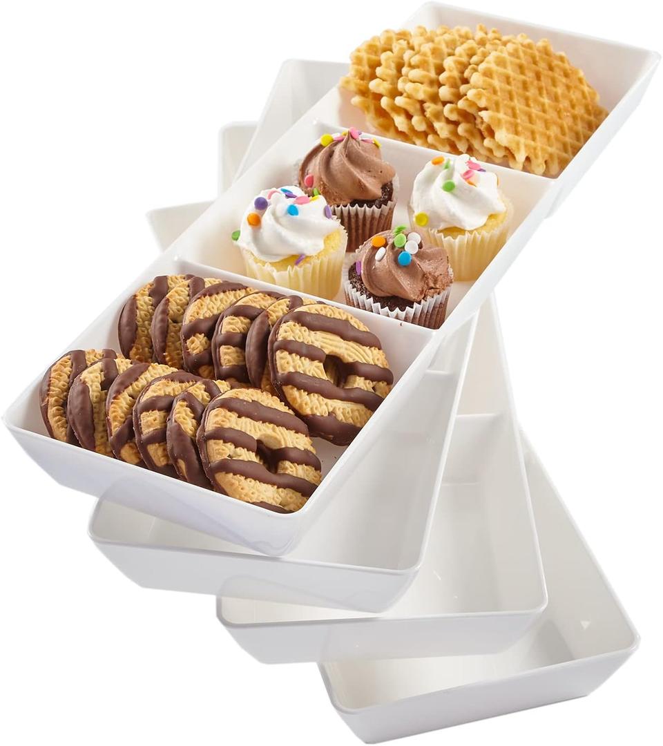 US Acrylic Avant White Plastic Divided Serving Trays (Set of 4) 15 x 5 | Narrow Reusable 3-Section Party Platters | Serve Appetizers, Fruit, Veggies, & Desserts | BPA-Free & Made in USA