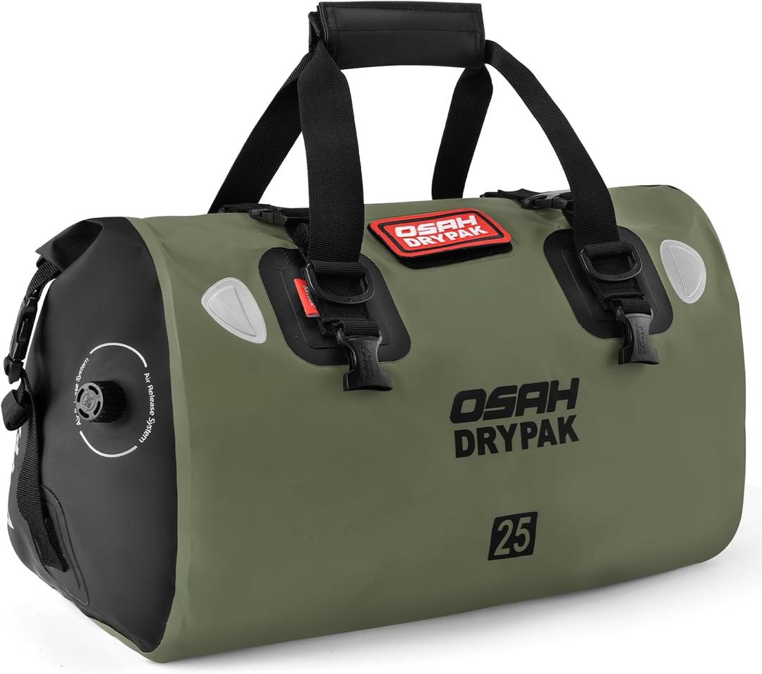 OSAH DRYPAK Waterproof Duffel Bag - Motorcycle Dry Bag Tail Bag with Large Storage Space, Waterproof Luggage Duffle Bags with Outer Mesh Zipper Pocket for Camping, Kayaking, Fishing & Traveling (25L, Olive)