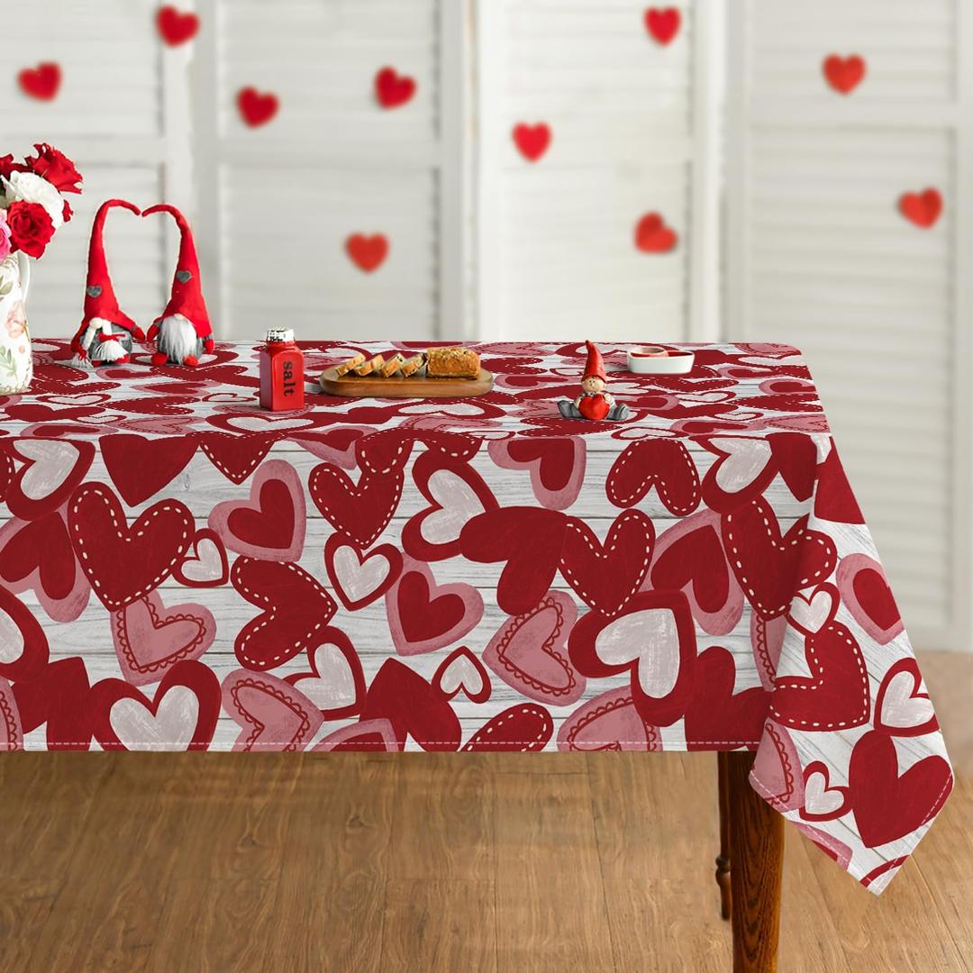 Horaldaily Valentine Tablecloth 60104 Inch Rectangular, Red Love Hearts White Wood Washable Table Cover for Party Picnic Dinner Decor