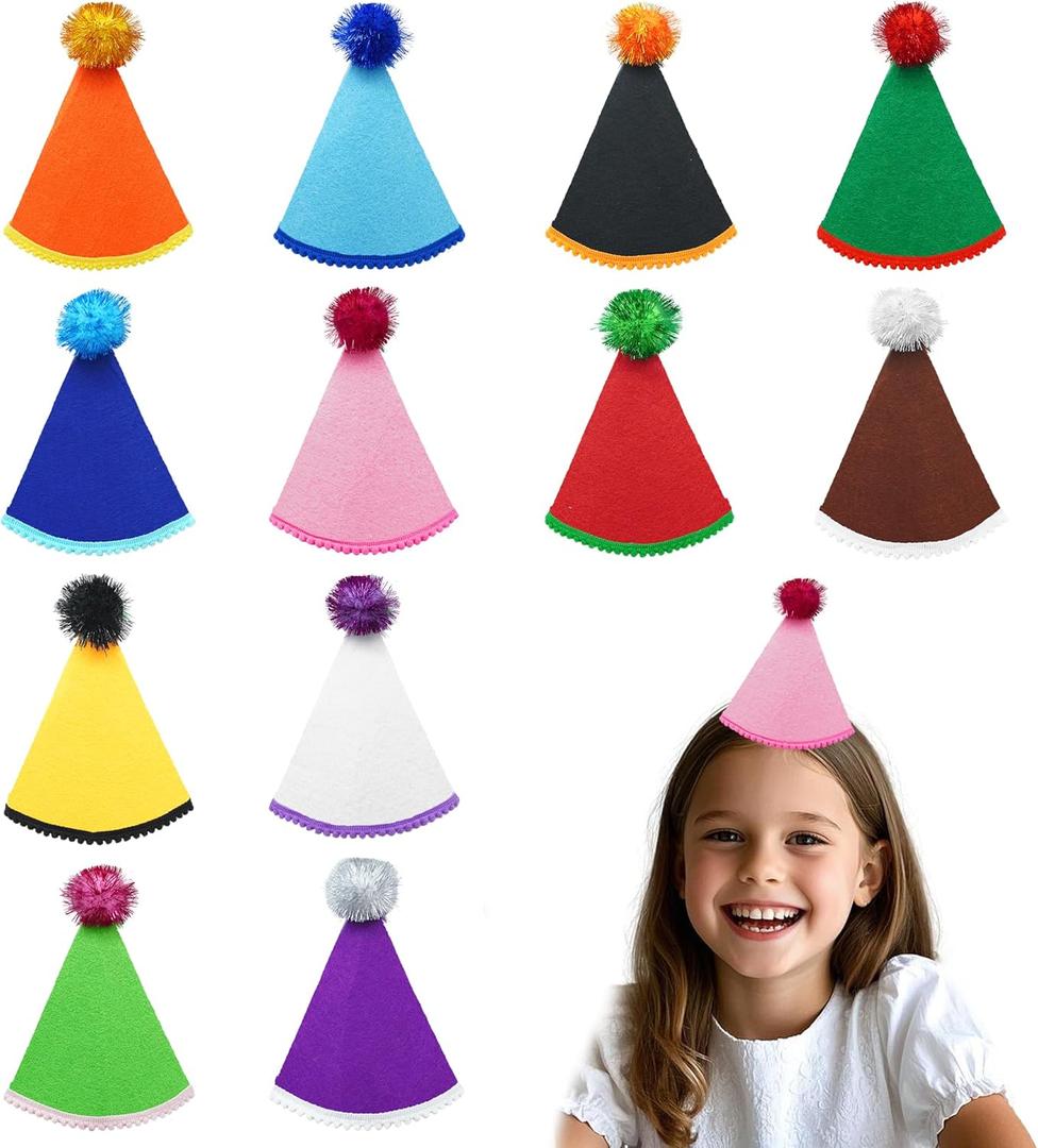 12 Pcs Party Hats for Kids Adults Stuffed Toys Reusable Felt Party Hats with Pom Poms Tiny Cone Birthday DIY Hat (Small)