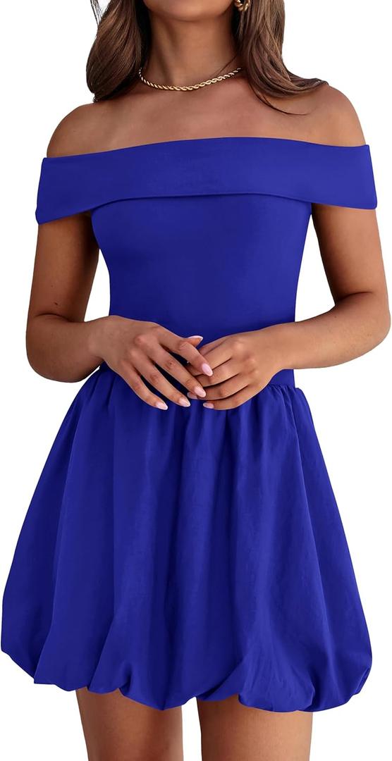PRETTYGARDEN Women Summer Sexy Off Shoulder Bubble Dress 2025 Cocktail Party Mini Dresses with Pockets (Medium, Blue)