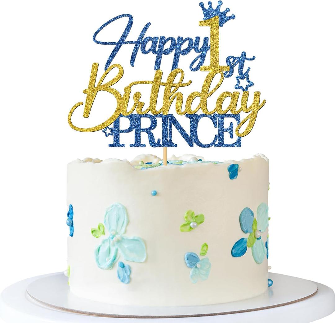 Prince 1st Birthday Cake Topper - Happy Birthday Cake Supplies for Boy - Baby One Year Old Party Decorations - Blue & Gold Glitter