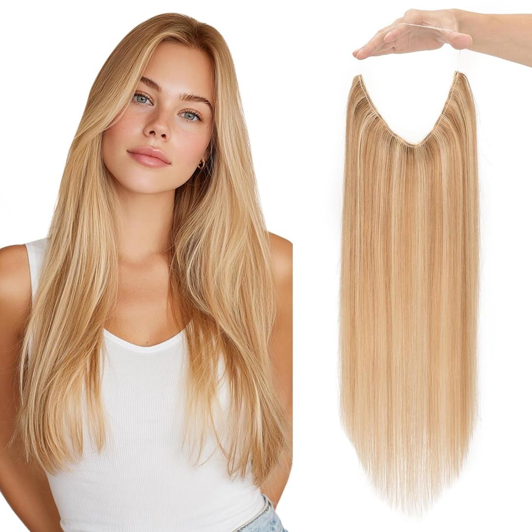 Halo Hair Extensions Real Human Hair Invisible Wire Extensions with Transparent Fish Line Adjustable Size Golden Brown & Bleach Blonde 20 inch