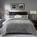 RECYCO Luxury Velvet Quilt Set King Size, Lightweight Velvet Comforter Set, Oversized Bedspread Coverlet Quilted Bedding Set, with 2 Matching Pillow Shams, for All Season, Gray, King/Cal King