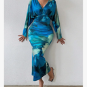 MakeMeChic Women's Tie Dye V Neck Ruched Dresses Dolman Sleeve Bodycon Slim Fitted Long Dress (Blue, XLarge)
