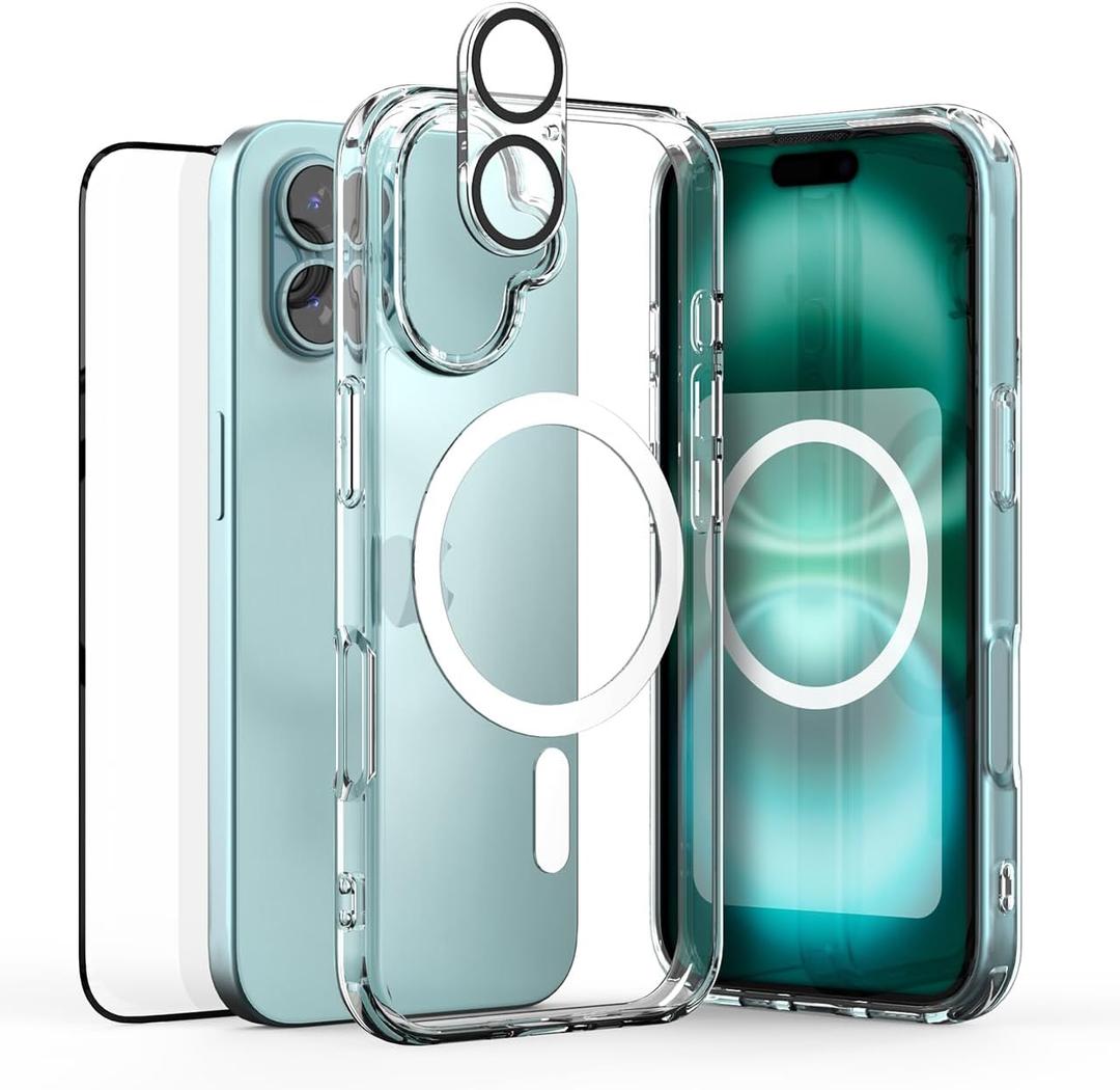 3-in-1 Clear Case for iPhone 16 , Hybrid PC+TPU case, wide Camera Control hole, Compatible with Magsafe with Glass Screen Protector + Camera lens protector, Support Case-On Animation Genuine style