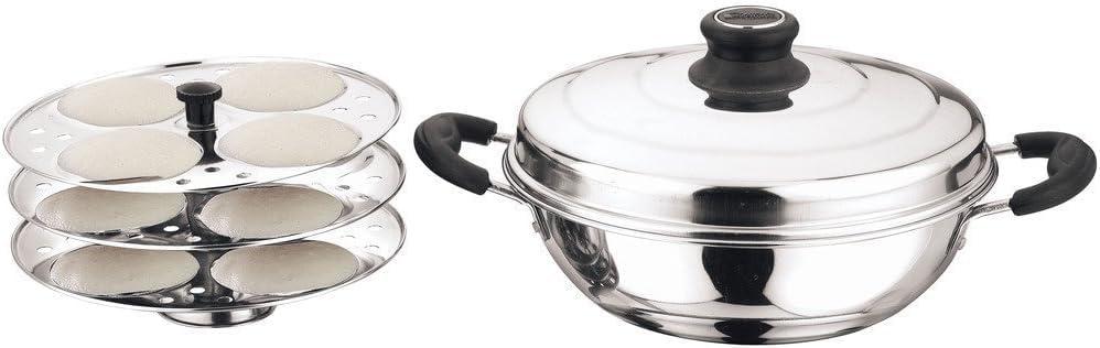 Stainless Steel Idli Maker with Lid, Idli Pot Steamer, 3 Plates (12 Idlies), Silver