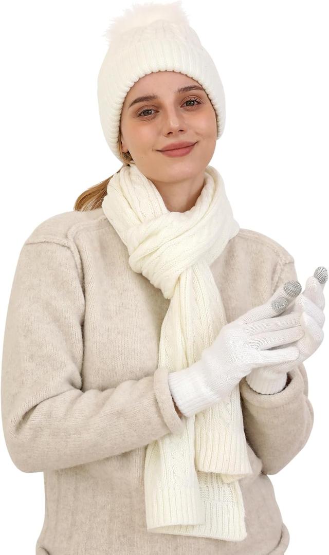 Double Couple 3pcs Winter Women scarf and hat and Touch Screen Gloves Set for Women Knit Hat with Faux Fur Ball Scarves Glove (White)