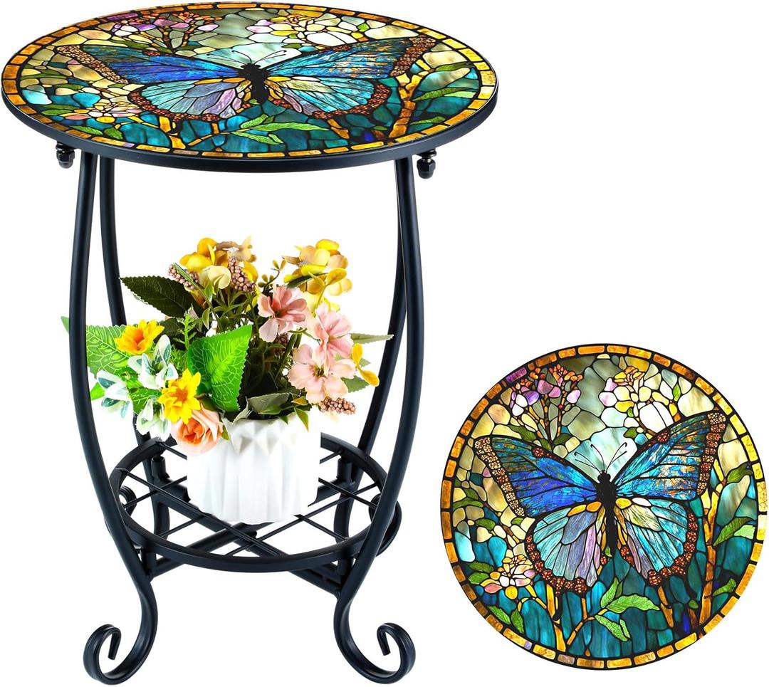 Outdoor Side Table Round Small Mosaic Patio Accent Indoor End Plant Metal Coffee Tea Table for Yard Porch Garden Patio Living Room, Bedroom(Butterfly Style,12 Inch)