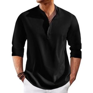 Runcati Mens Linen Henley Shirts Casual Lightweight 3/4 Sleeve T-Shirt Summer Beach Yoga Hippie Tops, L