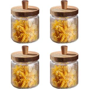 Vintage Glass Jars with Airtight Wood Lids & Handles - 16.9 OZ Set of 4 - Coffee Jars,Tea Canisters,Candy Jars for Flour,Sugar- Kitchen Pantry Containers (4, Rippling wheat pattern)