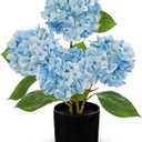 Hollyone Light Blue Hydrangea Artificial Flowers in Pots 19.7" Four-Head Faux Silk Hydranges Flower Arrangements for Indoor Home Office Kitchen Table Centerpieces Wedding Decorations