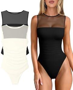 OQQ Women 2 Piece Bodysuit Mesh Ruched Sleeveless Turtle Neck Shapewear Body Suits One Piece Leotard Shirt Going Out Tops M