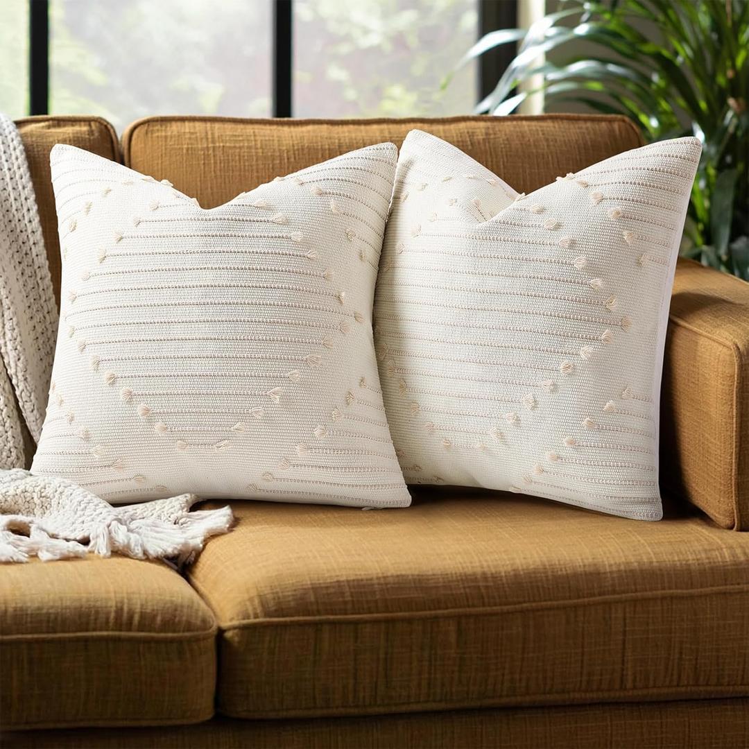 Mecatny Boho Outdoor Throw Pillow Covers 20X20 Set of 2, Farmhouse Decorative Pillow Covers for Couch Sofa Living Room, Beige & Cream White