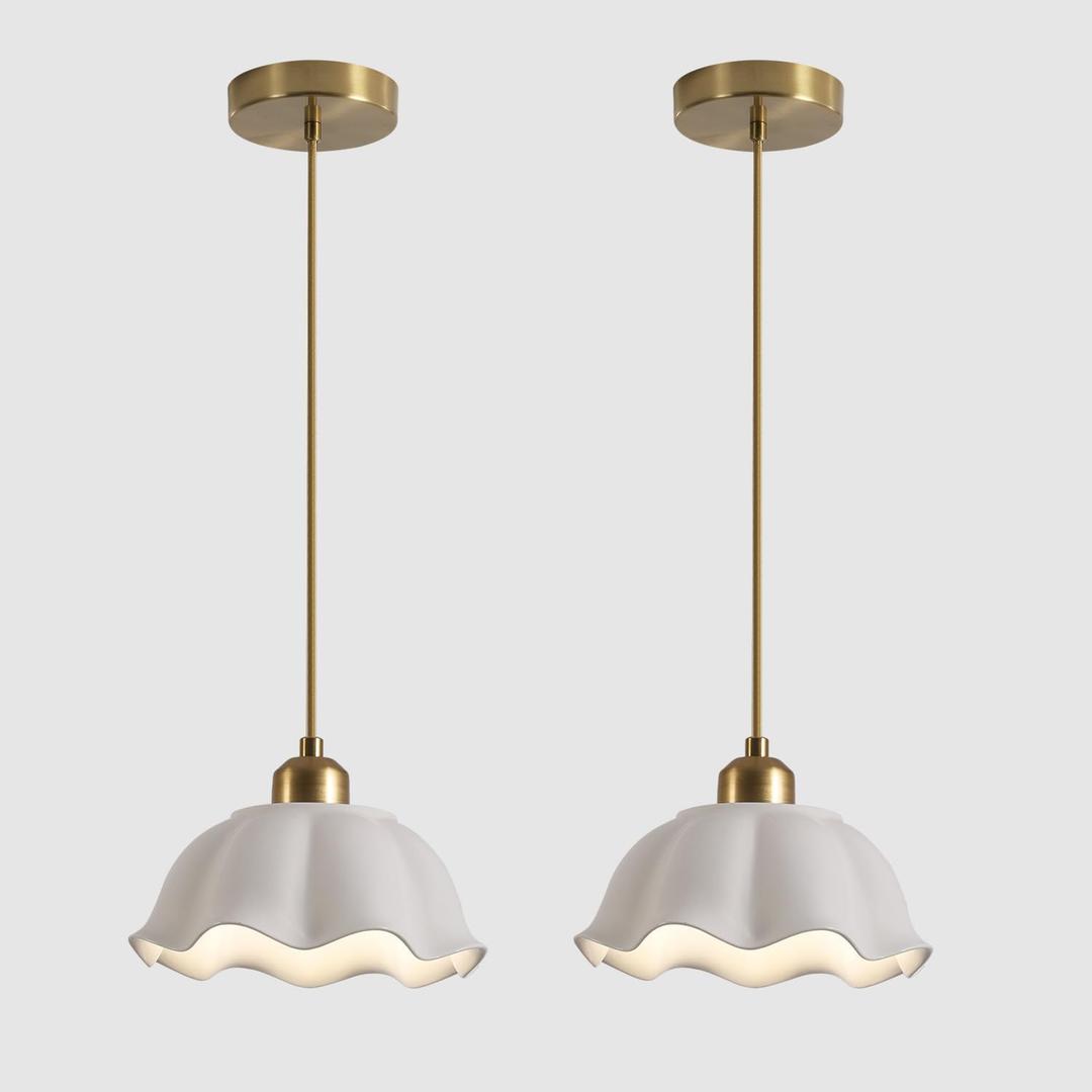 Modern Gold Milk Glass Pendant Light Mid Century Adjustable White Ceramic Hanging Light Fixture Vintage Brass Pendant Light Kitchen Island Nordic Hanging Lamp (2 Pack) MPL11-2 GD