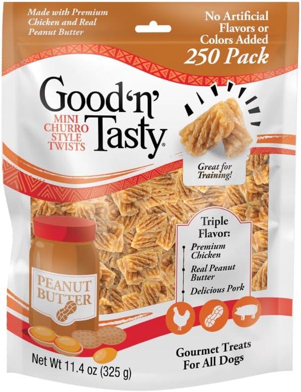 Good n Tasty Triple Flavor Mini Churro Style Twists, 250 Count, Gourmet Dog Treats Made with Chicken and Peanut Butter (EXP 12/01/26)