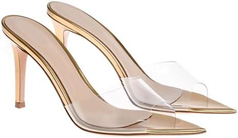 Women'S Clear Pointed Open Toe Stiletto Heel Slide Sandals Fashion Sexy Slip On Transparent Strap High Heels Mules Summer Backless Party Wedding Prom Dress Shoes (8, Gold)