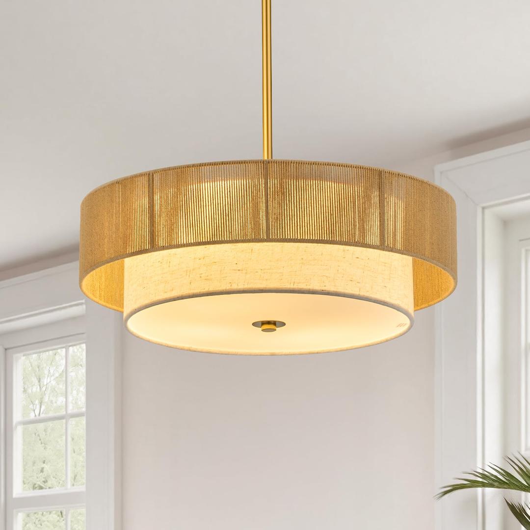 VONLUCE 17.7" Boho Rattan Chandelier, 4-Light Rattan Ceiling Light Fixture